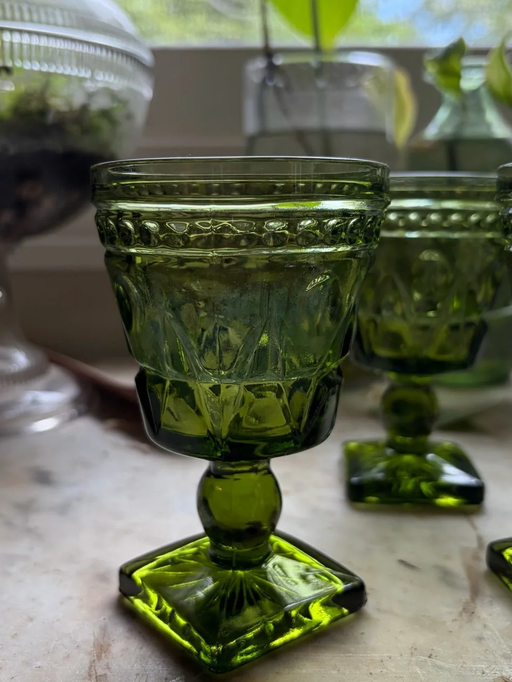 Set of 4 Green Pressed Glass Goblets - Elegant Vintage-Style Barware